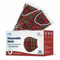 Wecare Disposable Face Mask, 3-Ply with Ear Loop 50 Individually Wrapped, Red Plaid, 50PK WMN100050